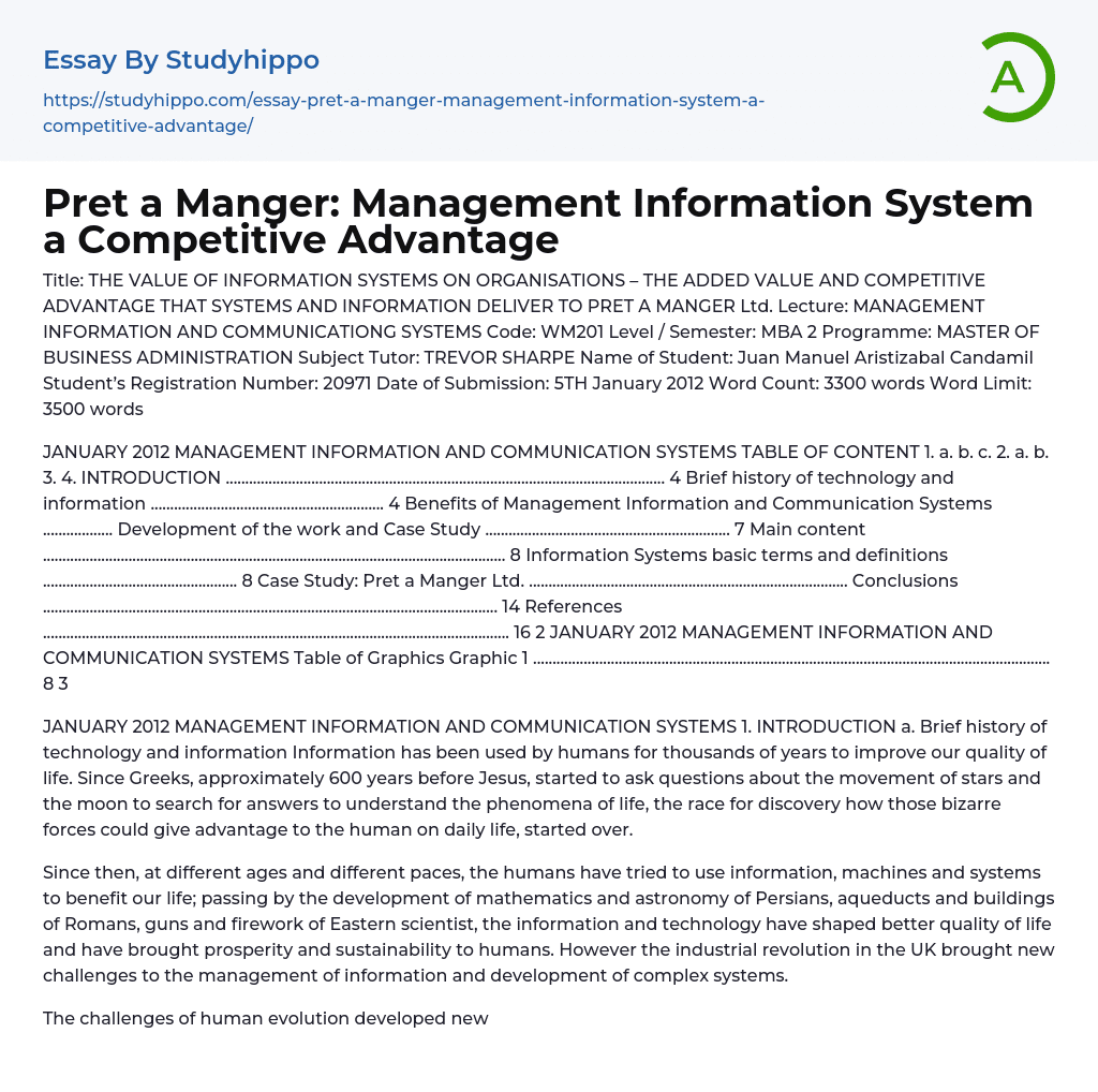 Pret a Manger: Management Information System a Competitive Advantage Essay Example