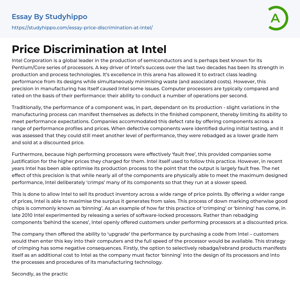 Price Discrimination at Intel Essay Example