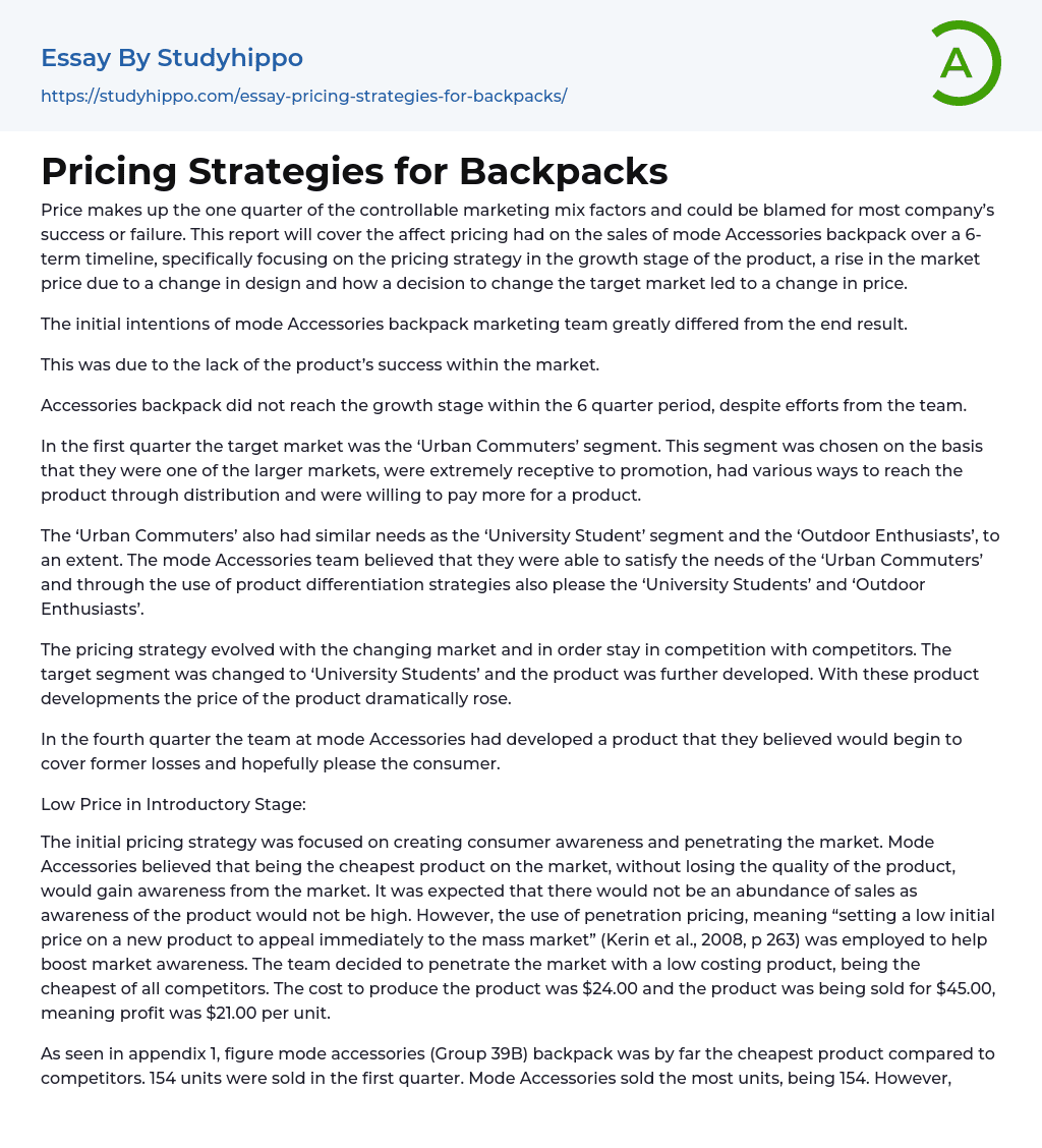 Pricing Strategies for Backpacks Essay Example