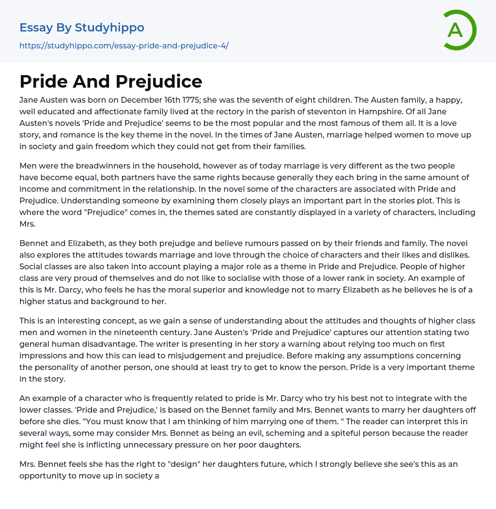 Pride And Prejudice Essay Example