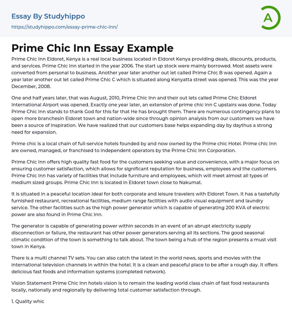 Prime Chic Inn Essay Example