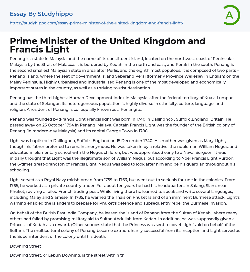 Prime Minister of the United Kingdom and Francis Light Essay Example