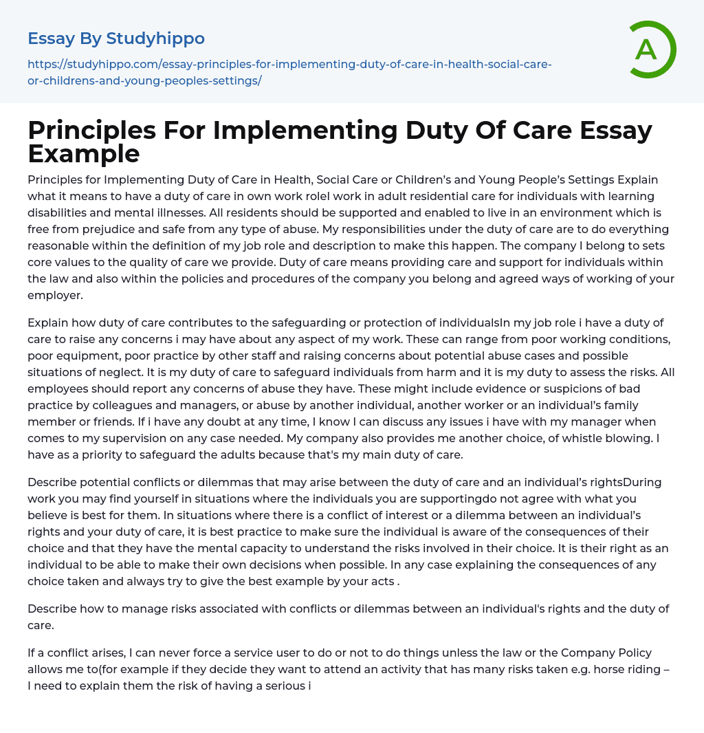 Principles For Implementing Duty Of Care Essay Example