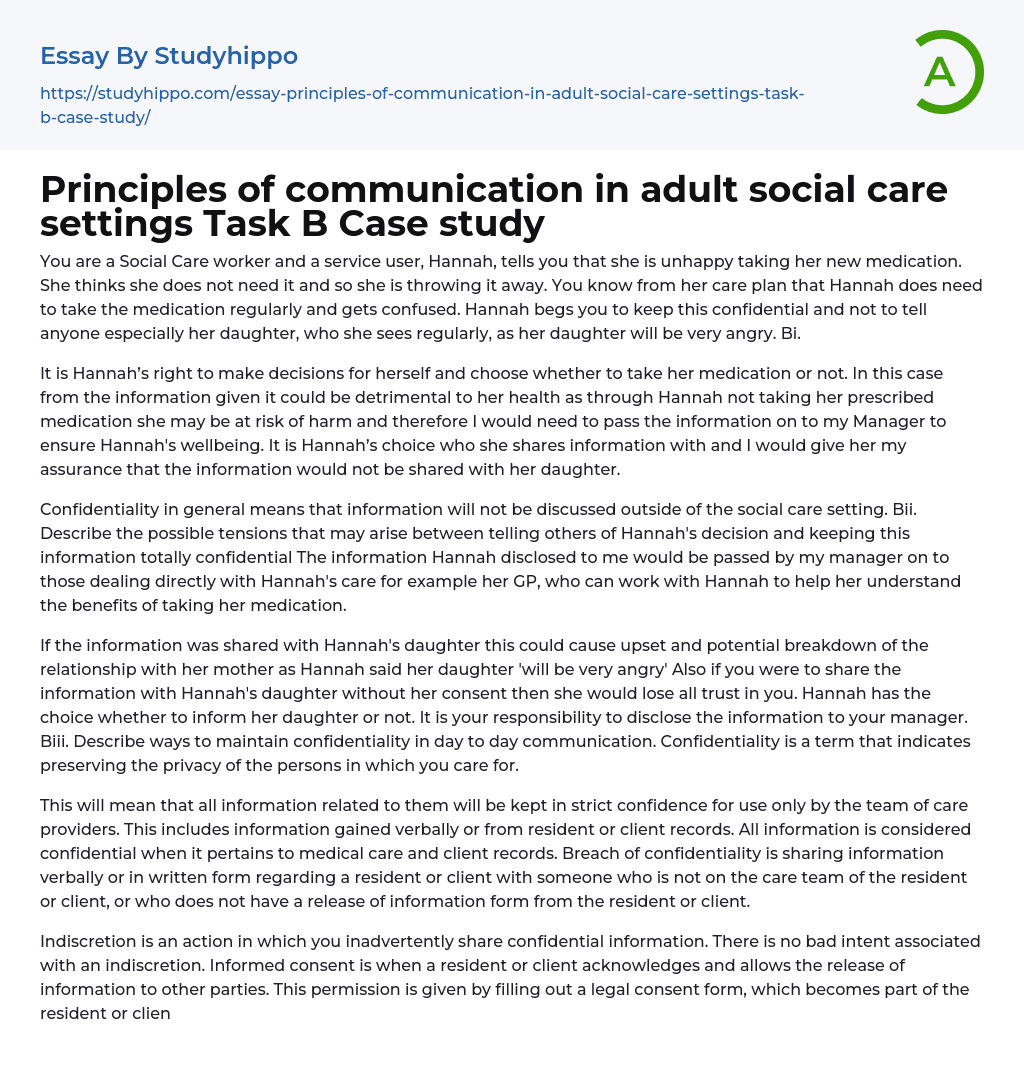 Principles of communication in adult social care settings Task B Case study Essay Example