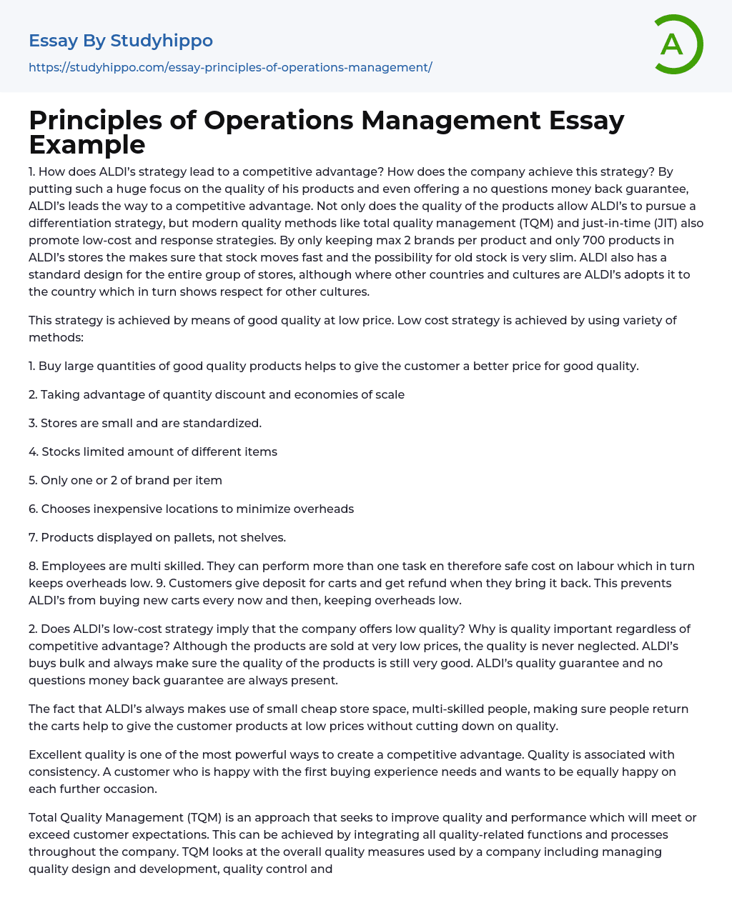 Principles of Operations Management Essay Example