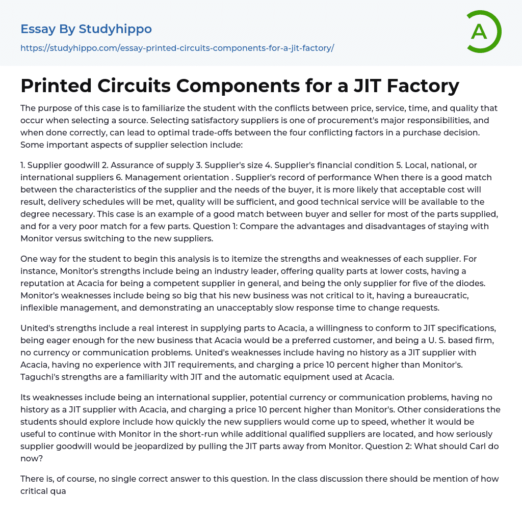 Printed Circuits Components for a JIT Factory Essay Example