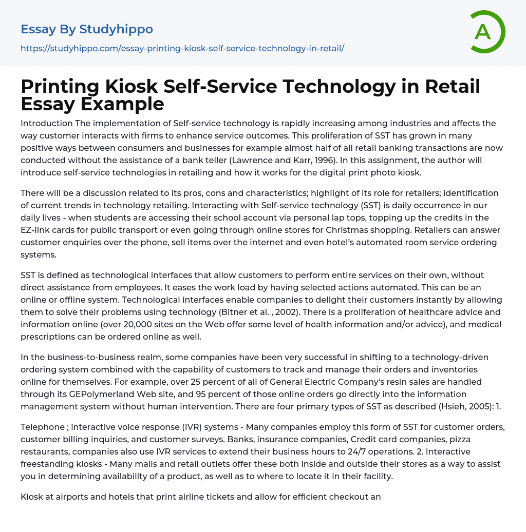 Printing Kiosk Self-Service Technology in Retail Essay Example