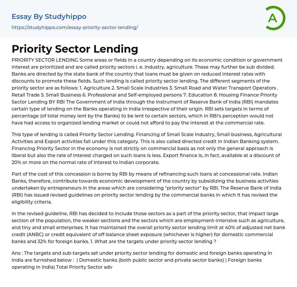 Priority Sector Lending Essay Example