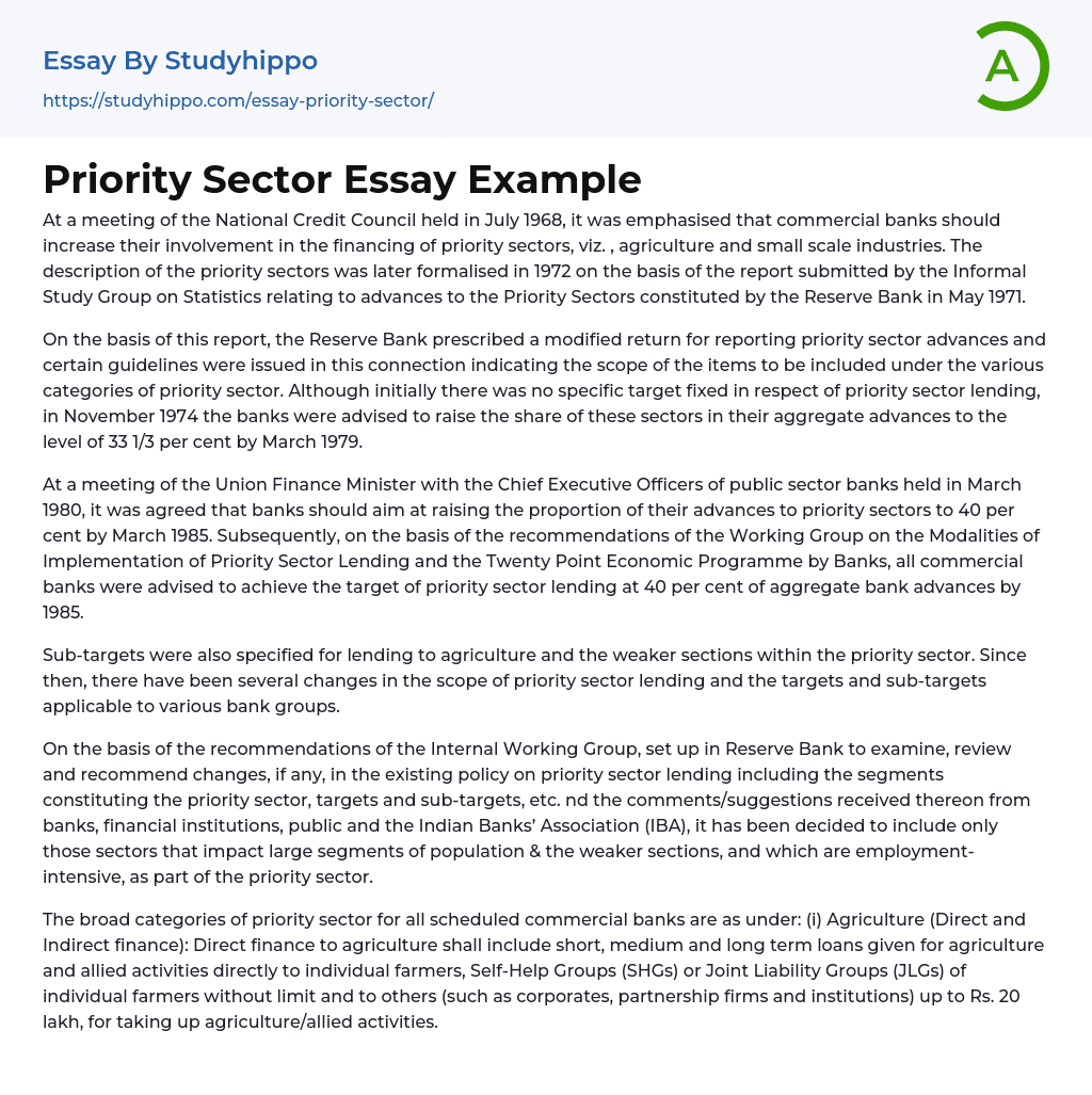 Priority Sector Essay Example