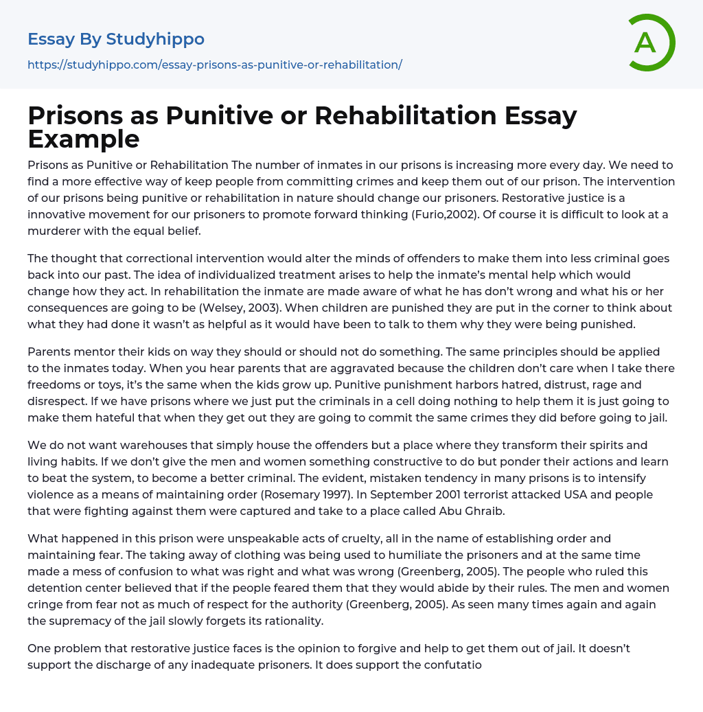 Prisons as Punitive or Rehabilitation Essay Example