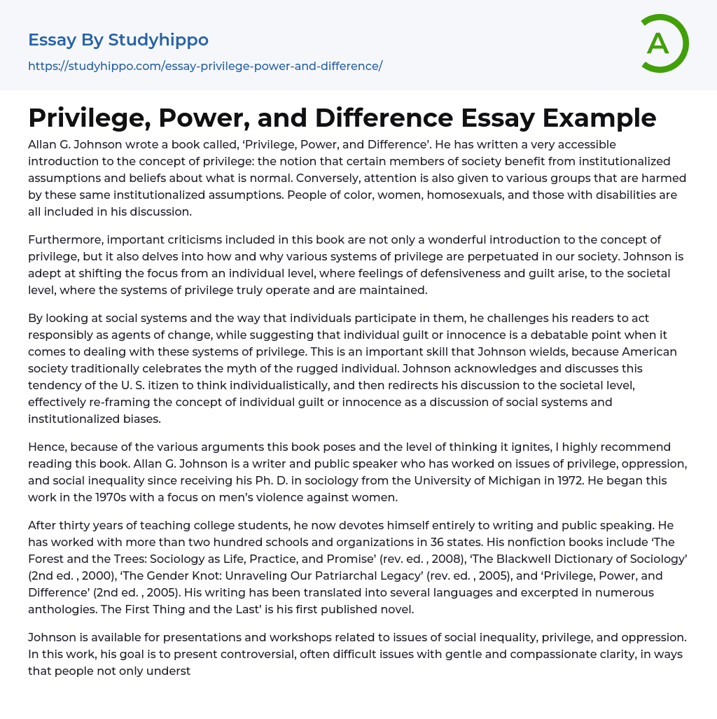 Privilege, Power, and Difference Essay Example