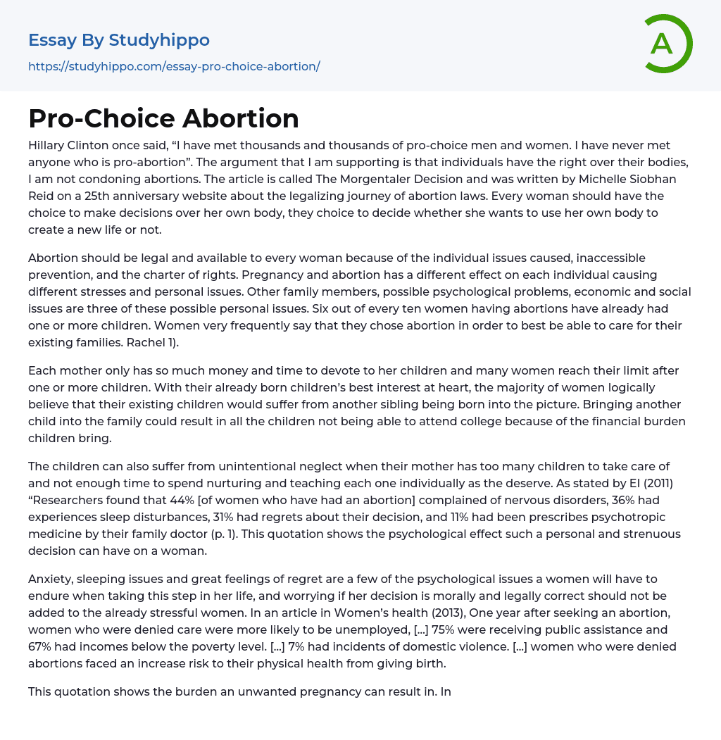 Pro-Choice Abortion Essay Example