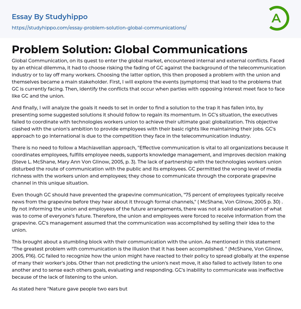 Problem Solution: Global Communications Essay Example