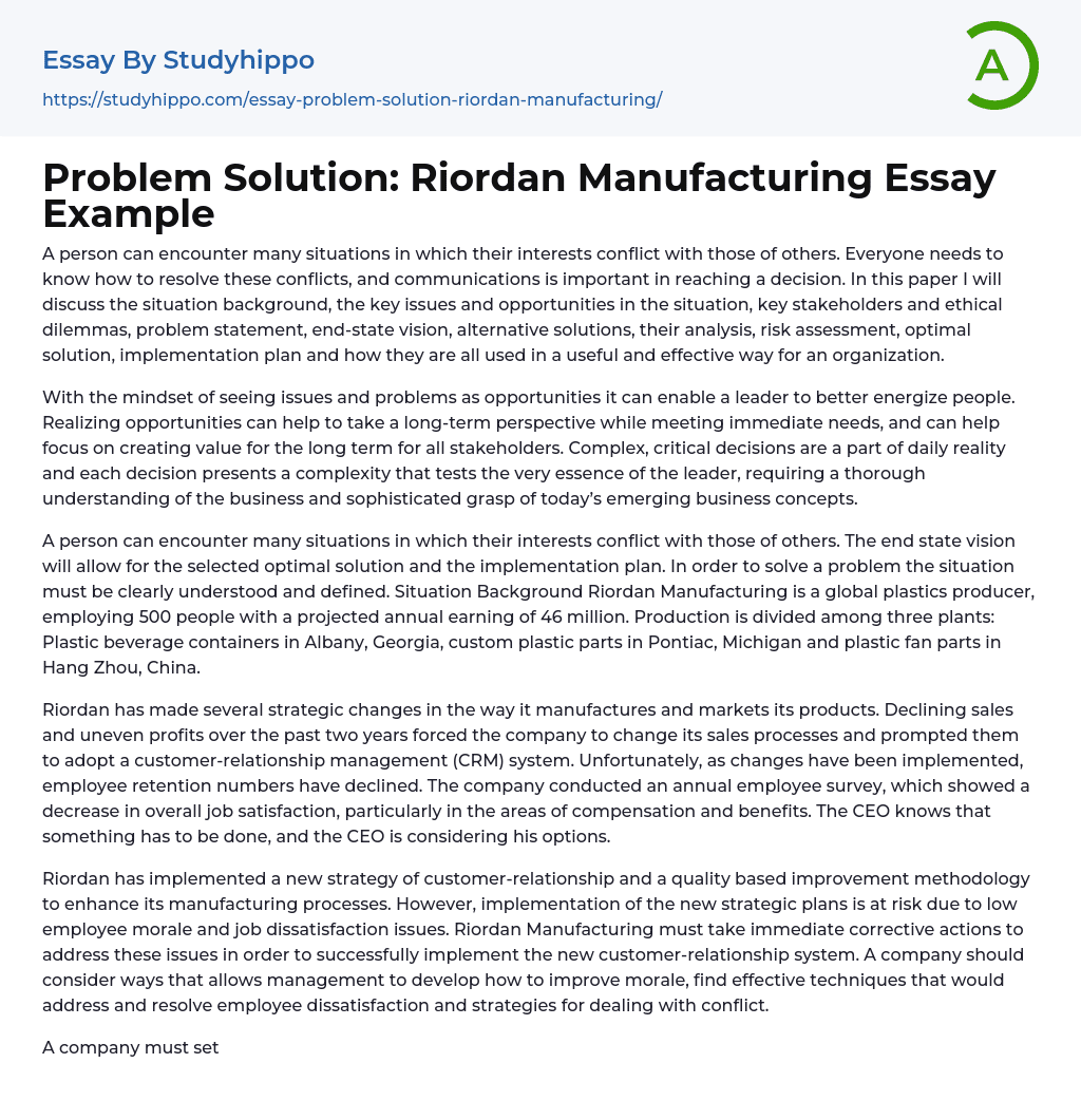 Problem Solution: Riordan Manufacturing Essay Example