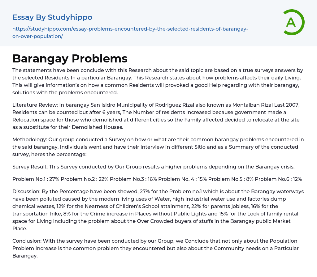 Barangay Problems Essay Example StudyHippo