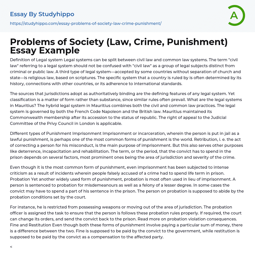 Problems of Society (Law, Crime, Punishment) Essay Example