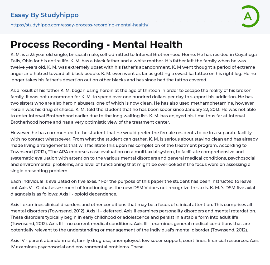 Process Recording – Mental Health Essay Example