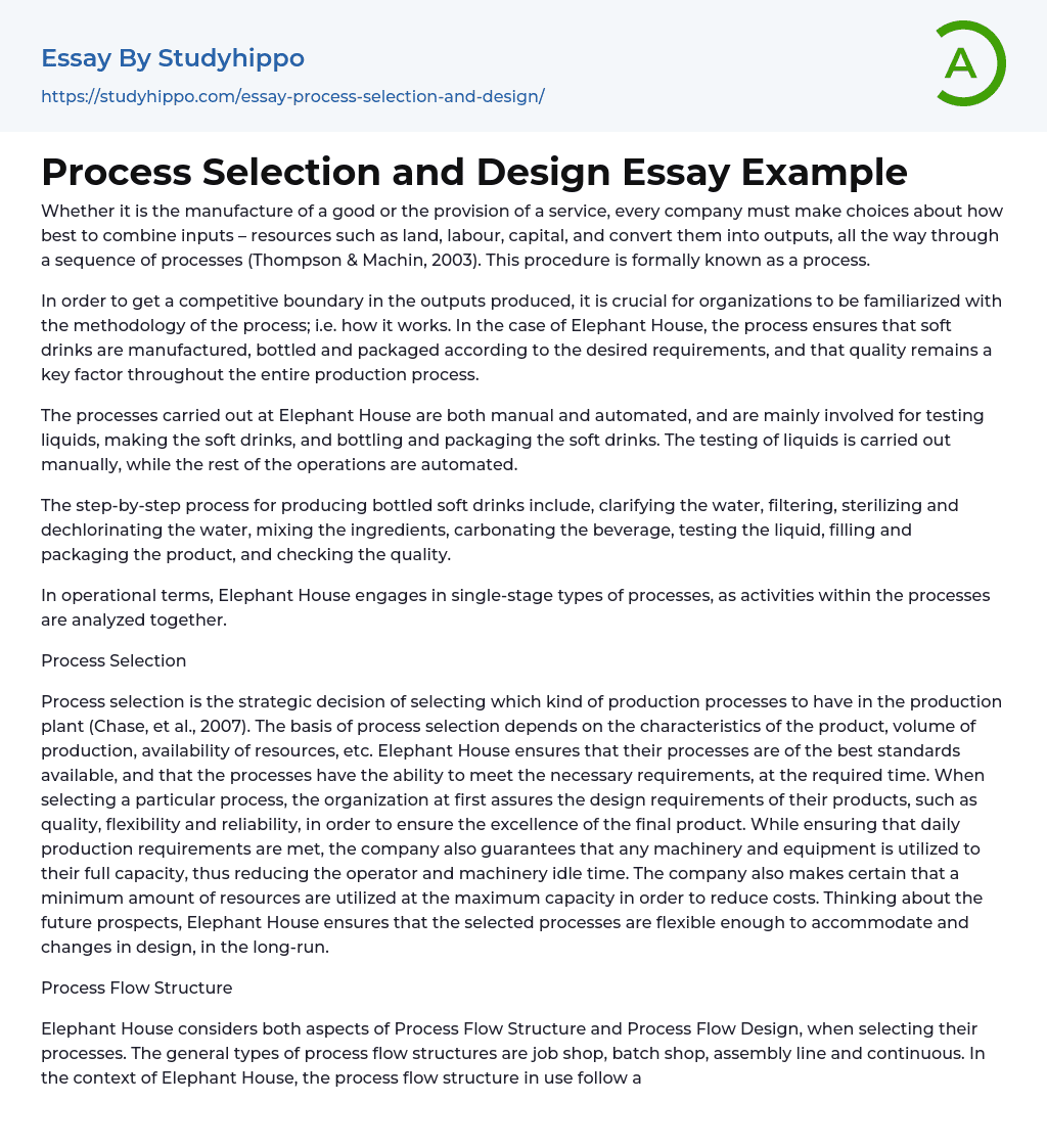 Process Selection and Design Essay Example