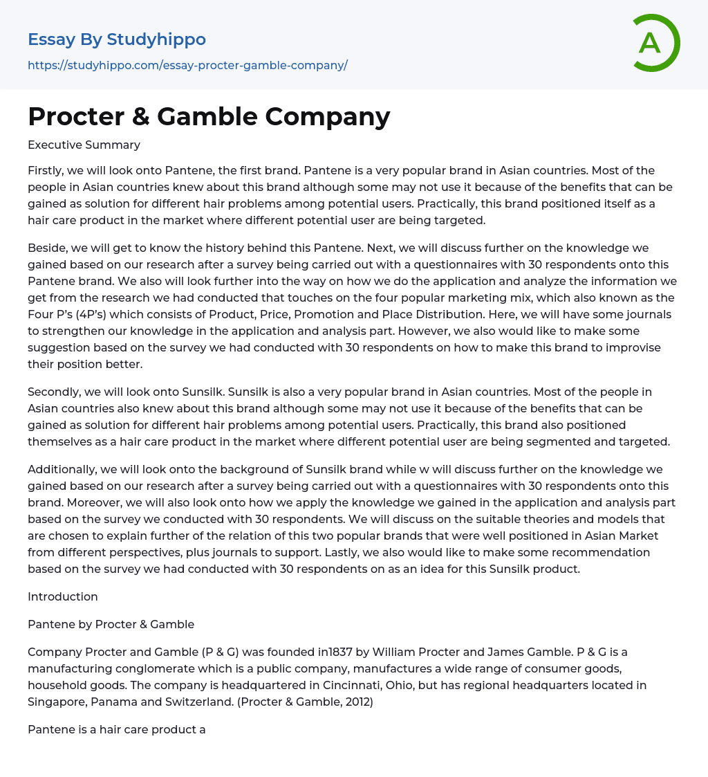 Procter & Gamble Company Essay Example