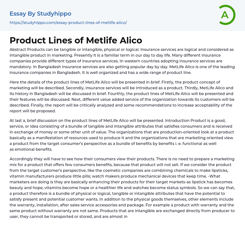 Product Lines of Metlife Alico Essay Example
