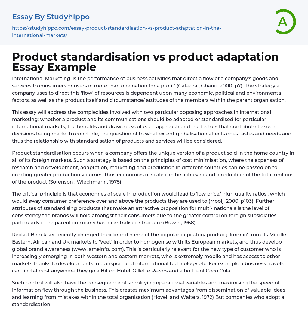 Product standardisation vs product adaptation Essay Example