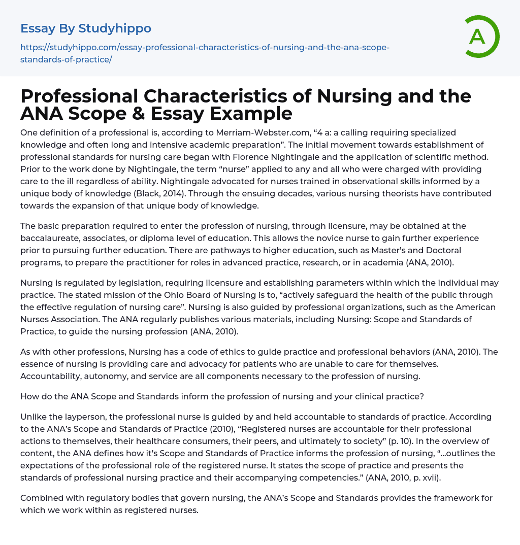 Professional Characteristics of Nursing and the ANA Scope &amp Essay Example