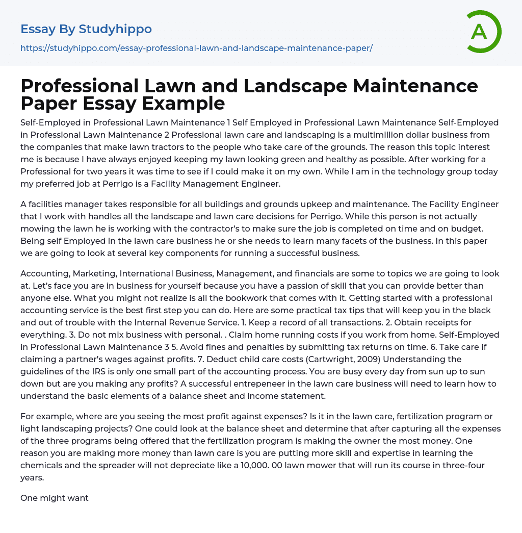 Professional Lawn and Landscape Maintenance Paper Essay Example
