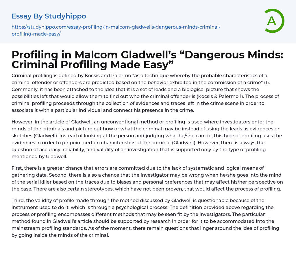 Profiling in Malcom Gladwell’s “Dangerous Minds: Criminal Profiling Made Easy” Essay Example