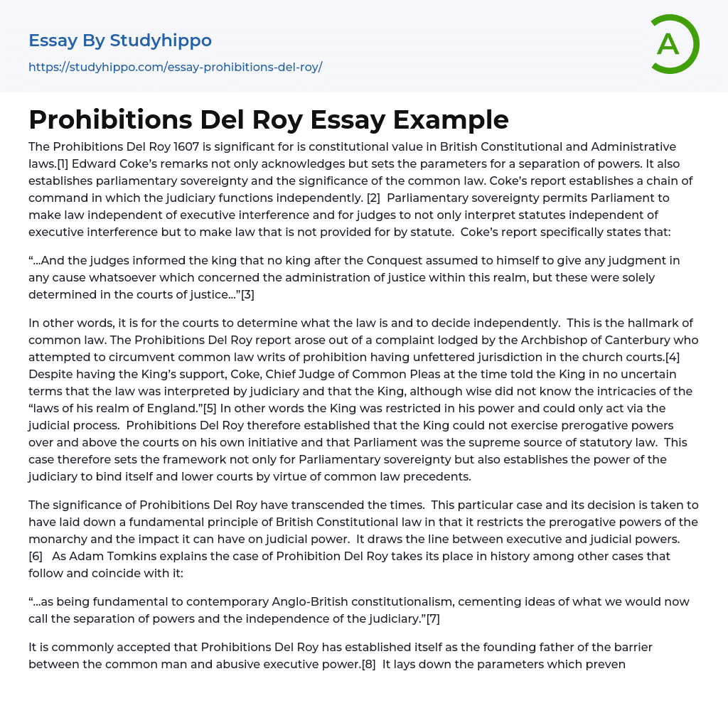 Prohibitions Del Roy Essay Example
