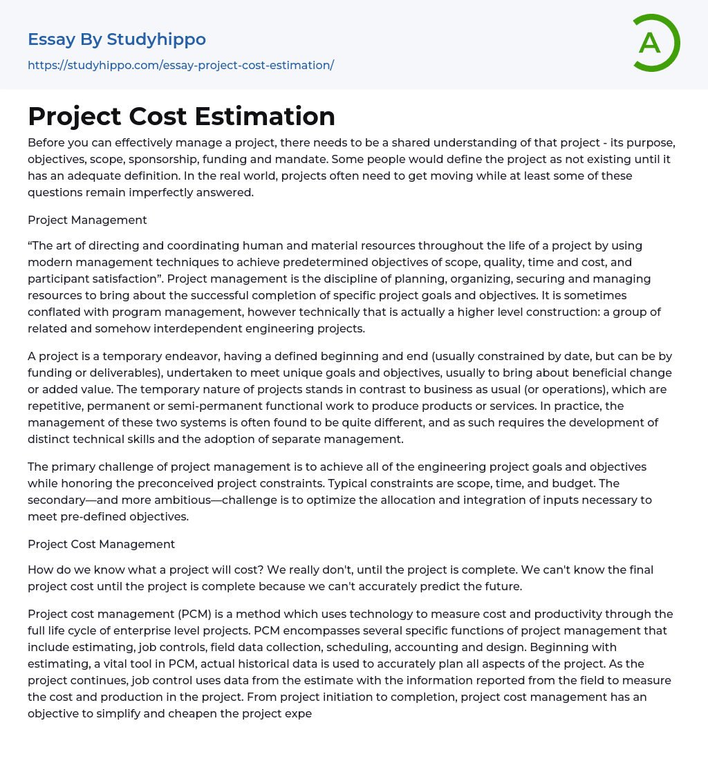 Project Cost Estimation Essay Example