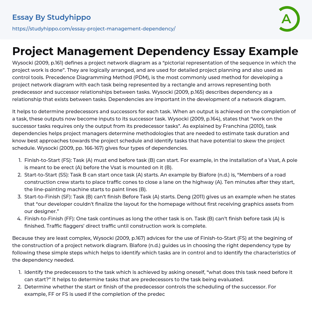 Project Management Dependency Essay Example