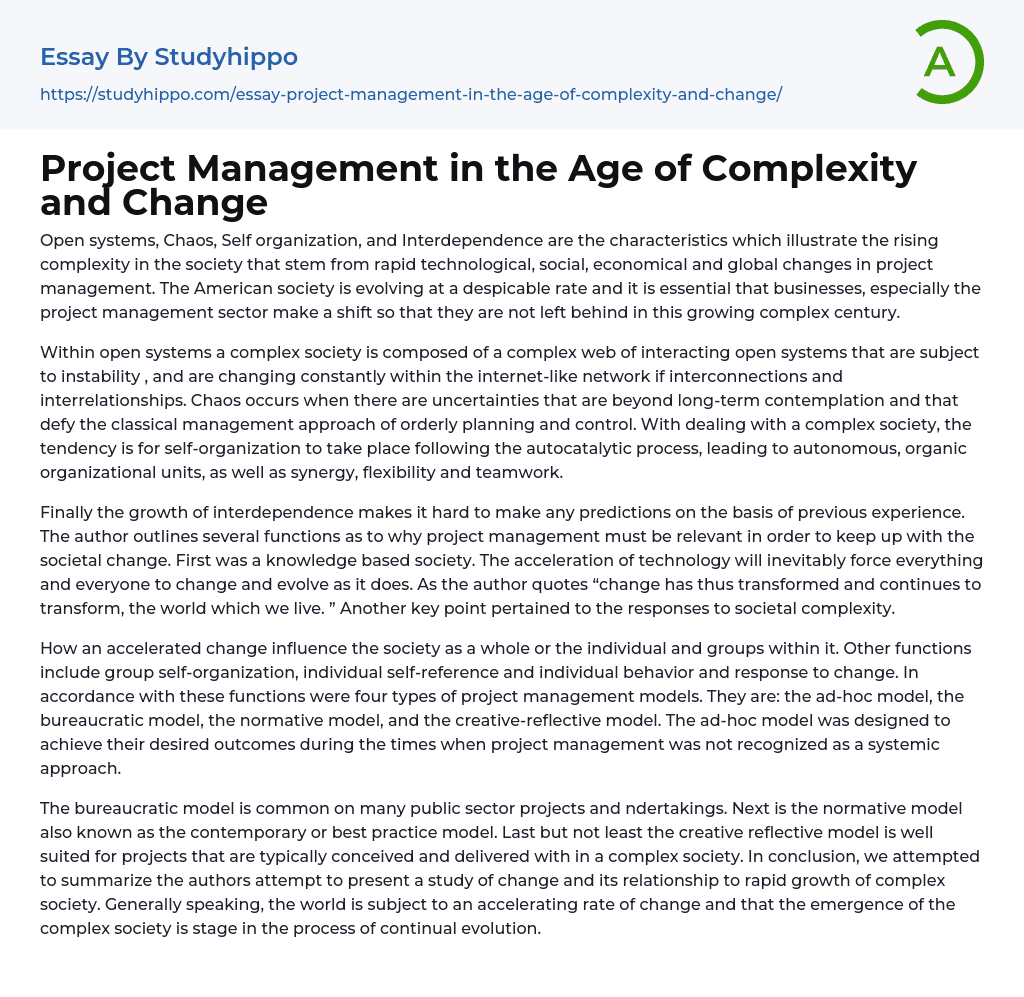 Project Management in the Age of Complexity and Change Essay Example
