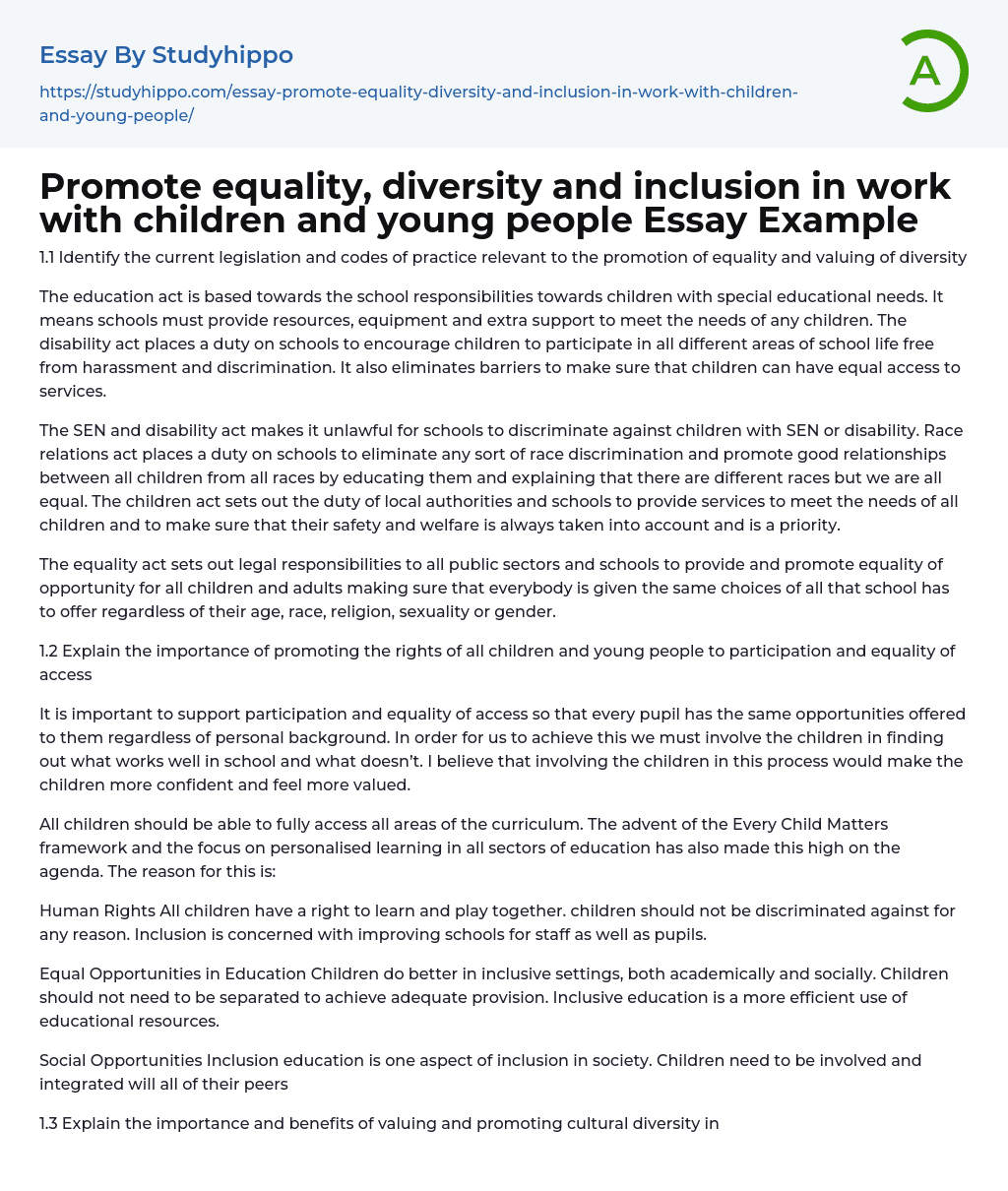 Promote equality, diversity and inclusion in work with children and young people Essay Example
