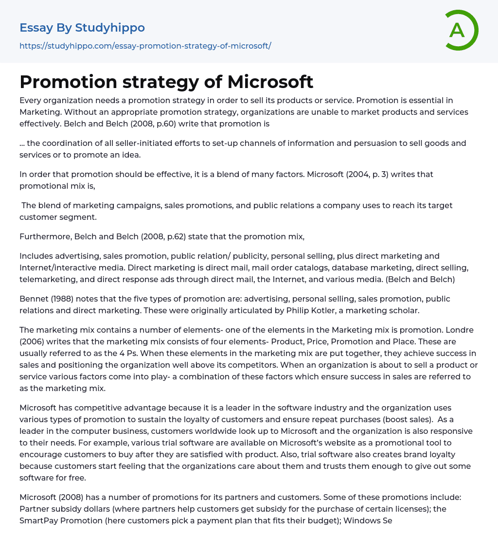 Promotion strategy of Microsoft Essay Example