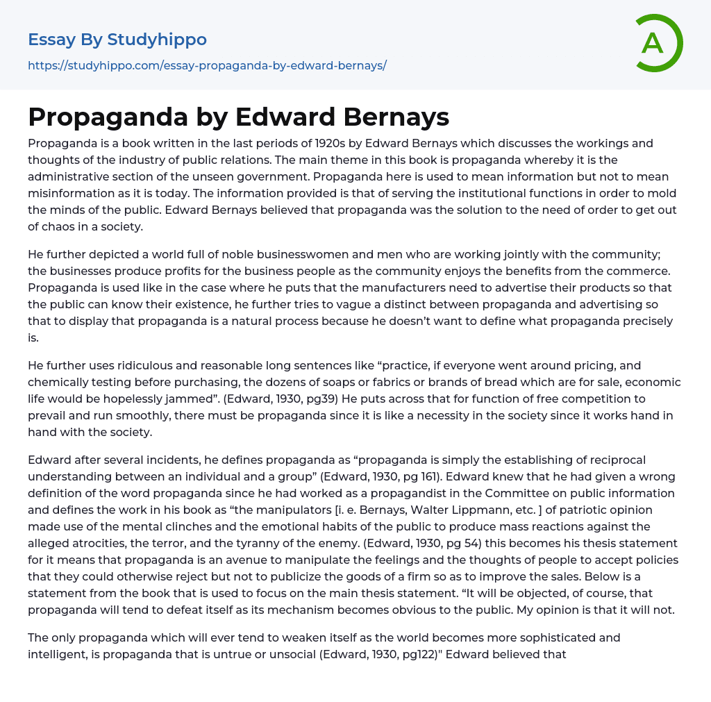 Propaganda by Edward Bernays Essay Example