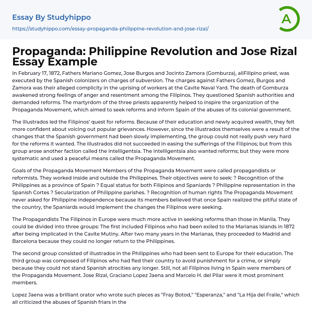 Propaganda: Philippine Revolution and Jose Rizal Essay Example
