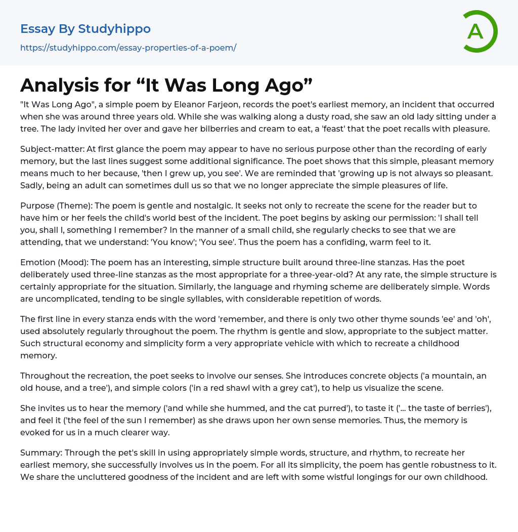 Analysis for “It Was Long Ago” Essay Example