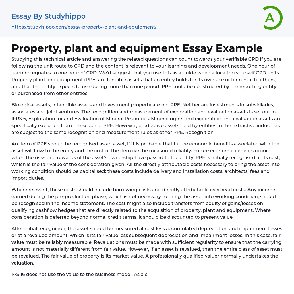 Property, plant and equipment Essay Example