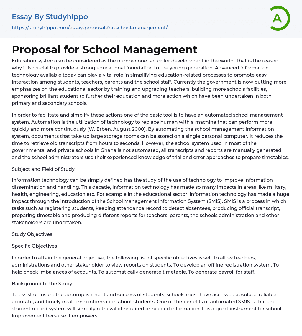 Proposal for School Management Essay Example