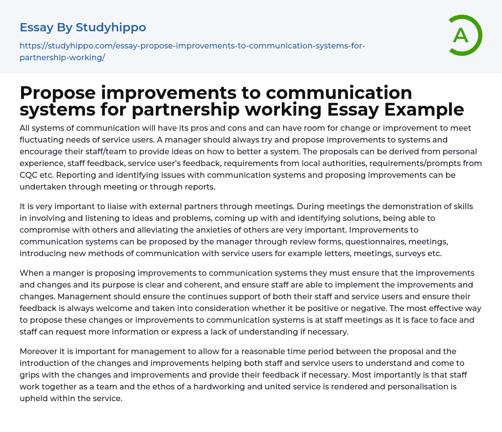 Propose improvements to communication systems for partnership working Essay Example