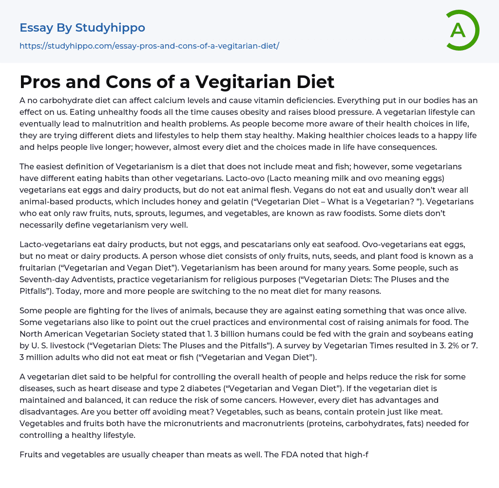 Pros and Cons of a Vegitarian Diet Essay Example