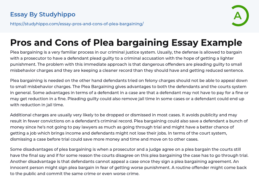 Pros and Cons of Plea bargaining Essay Example