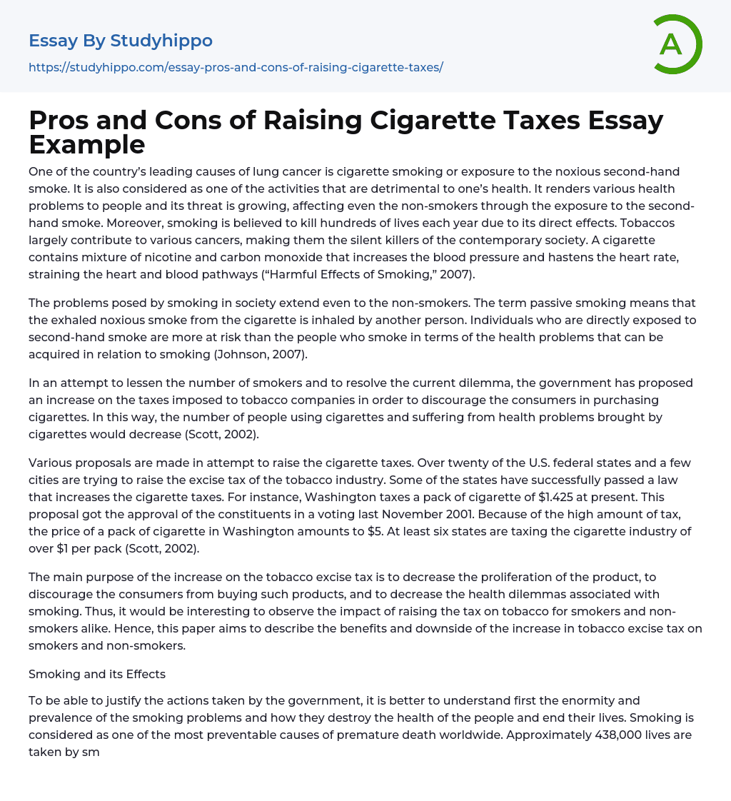 Pros and Cons of Raising Cigarette Taxes Essay Example