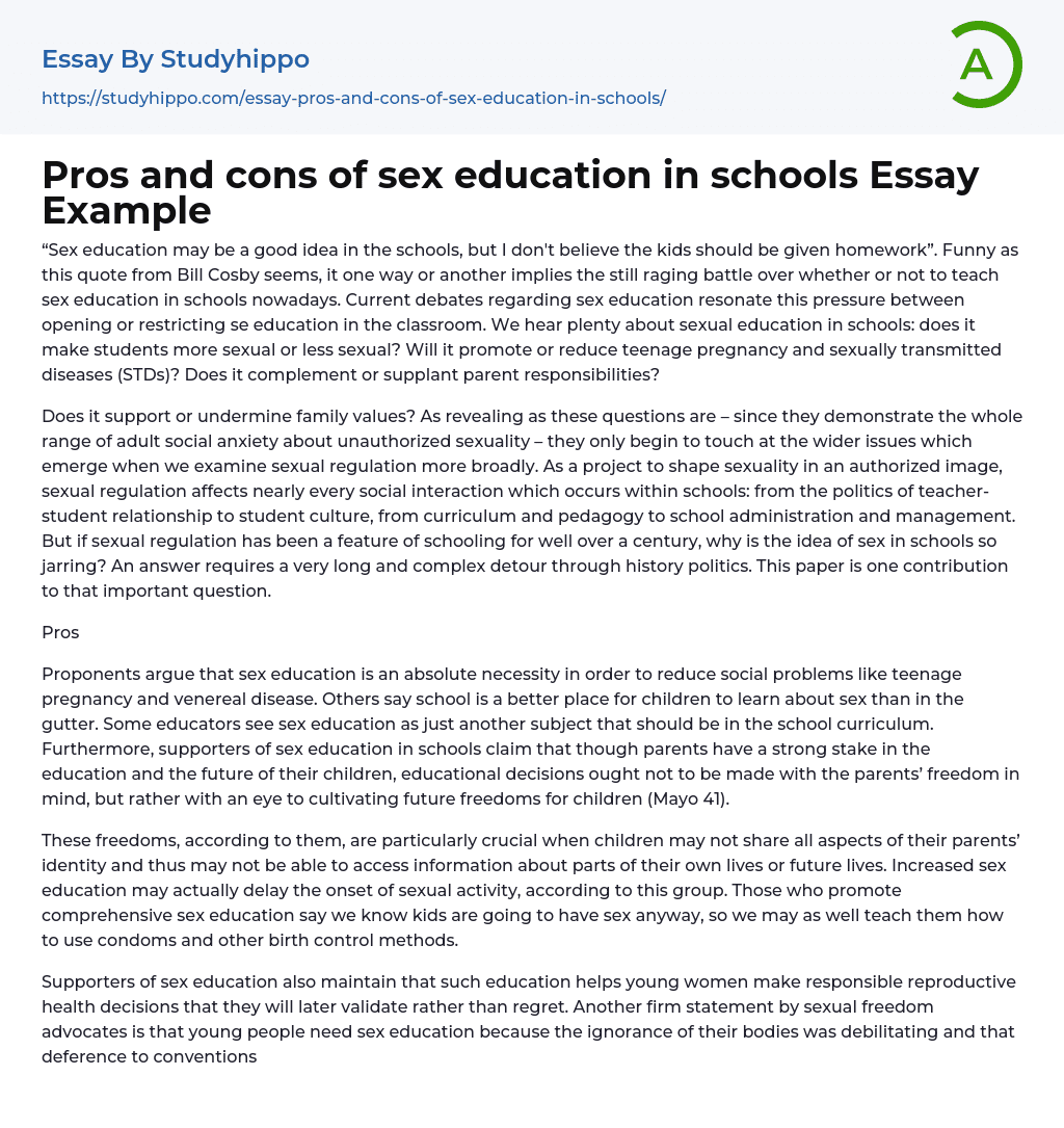 Pros and cons of sex education in schools Essay Example