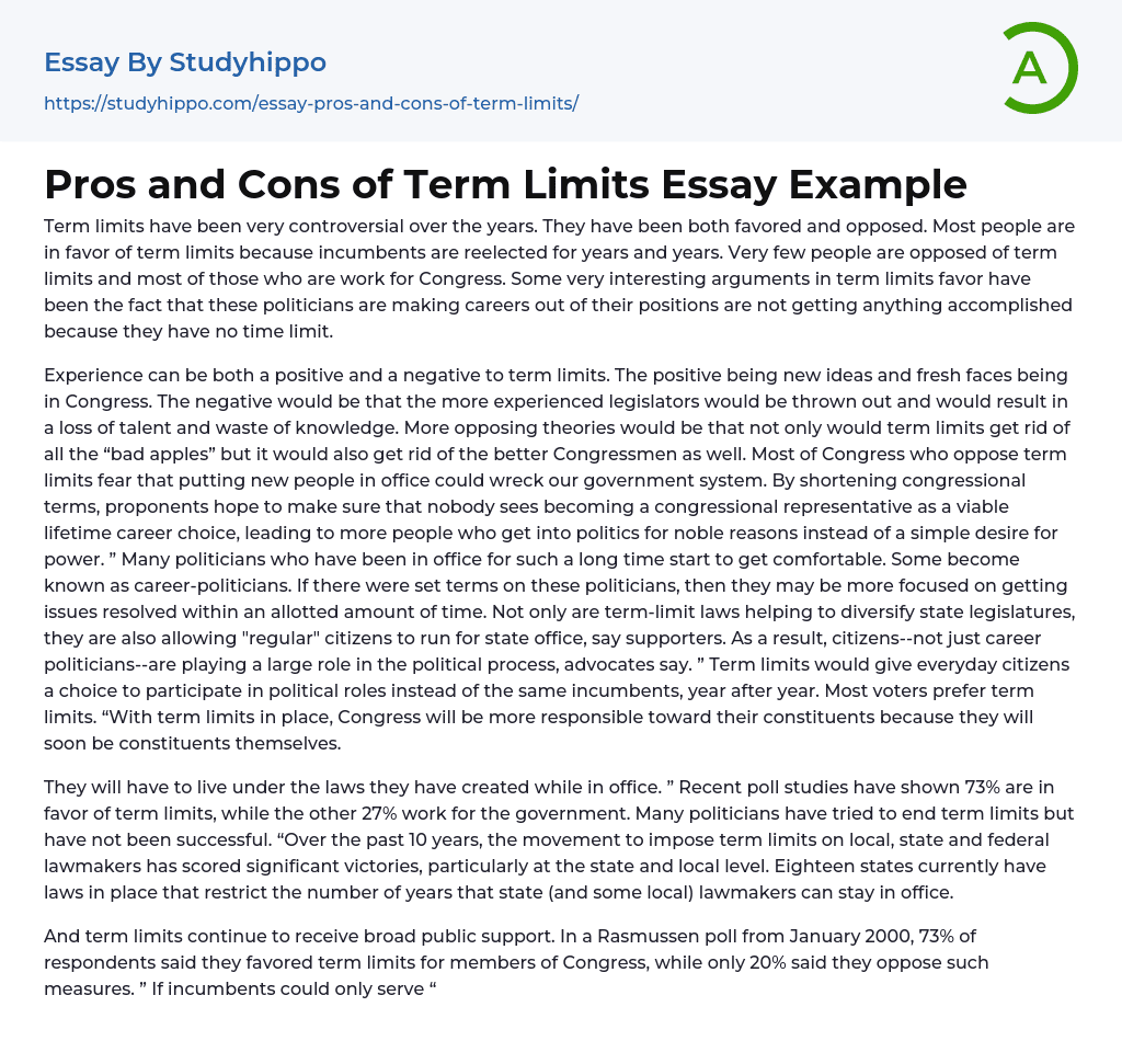 Pros and Cons of Term Limits Essay Example