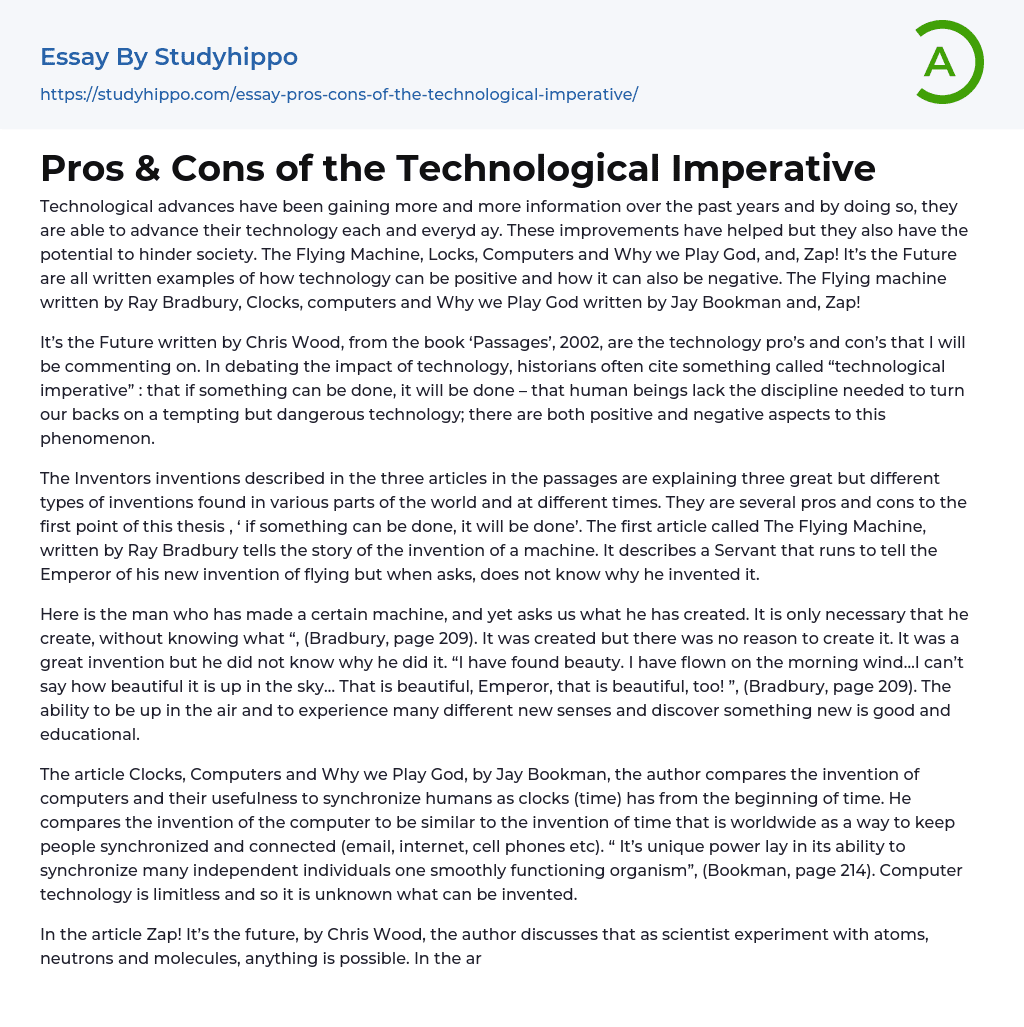 Pros & Cons of the Technological Imperative Essay Example