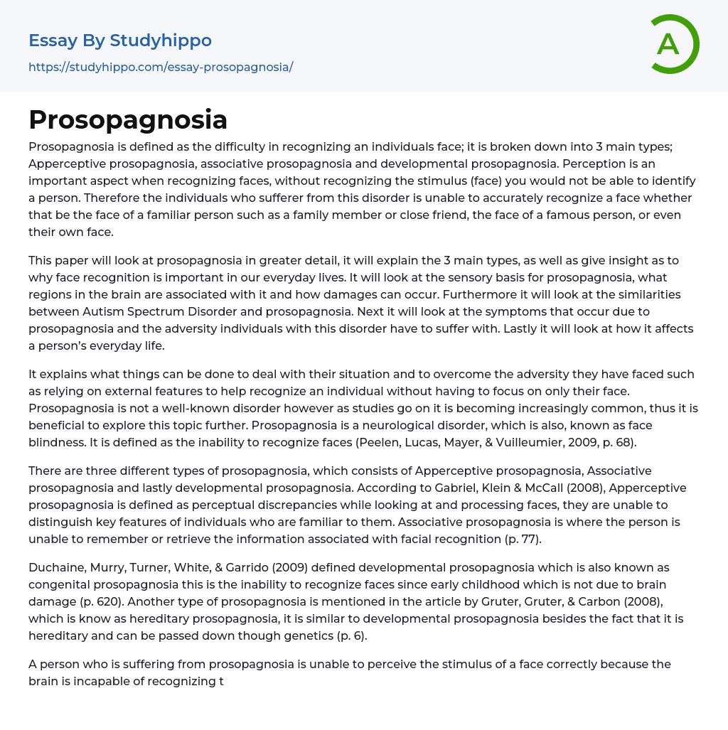 Prosopagnosia Essay Example