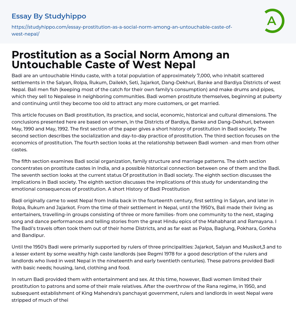 Prostitution as a Social Norm Among an Untouchable Caste of West Nepal Essay Example