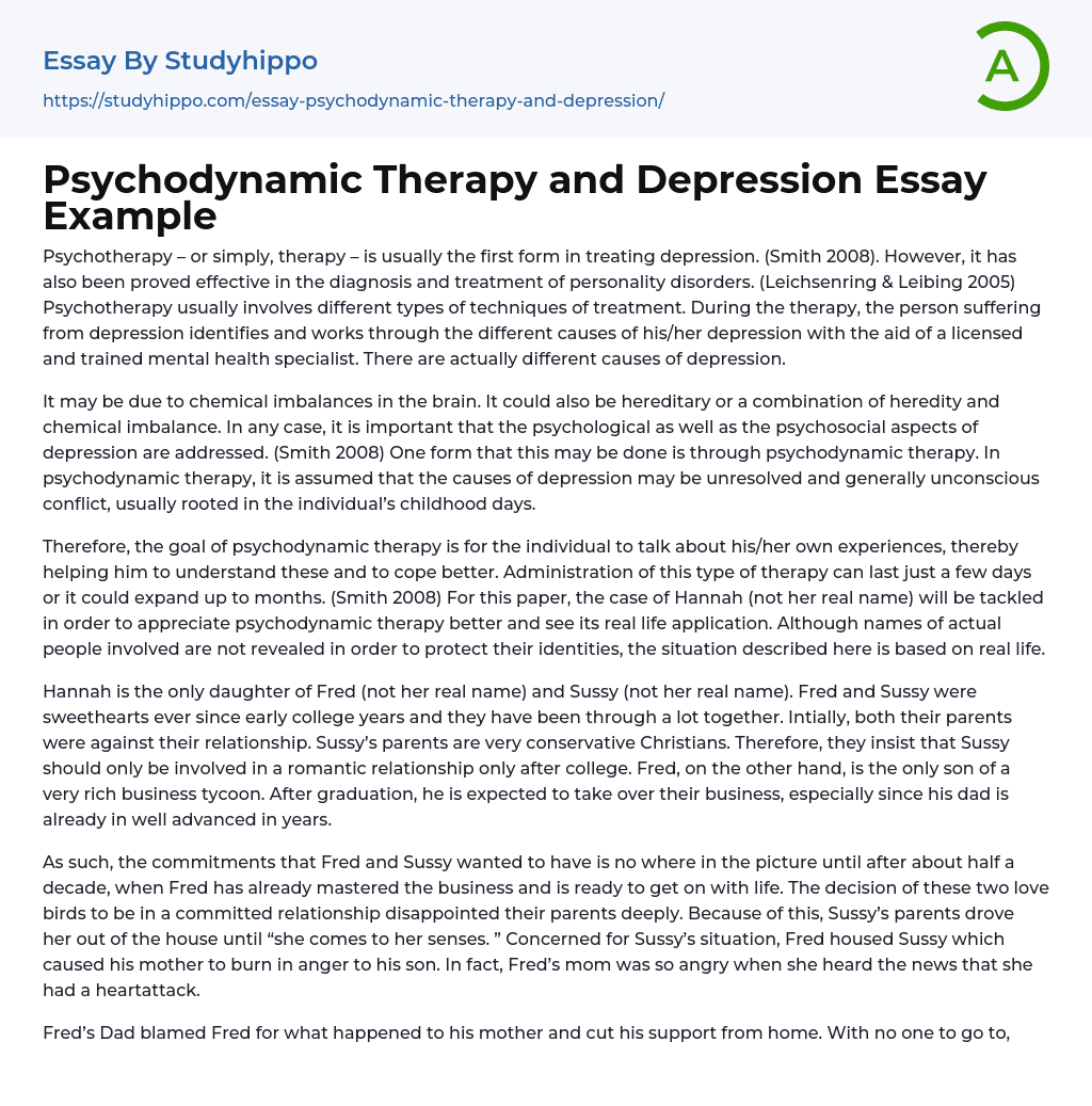 Psychodynamic Therapy and Depression Essay Example