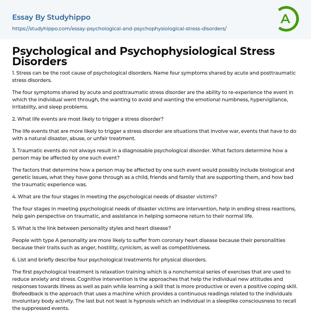 Psychological and Psychophysiological Stress Disorders Essay Example